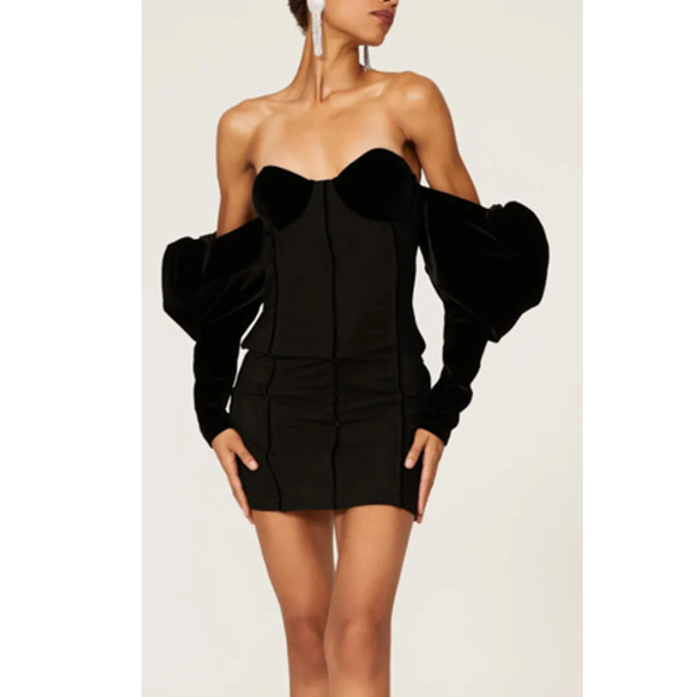 LaQuan Smith Velvet Dress Off The Shoulder Puff Sleeve Black Mini L